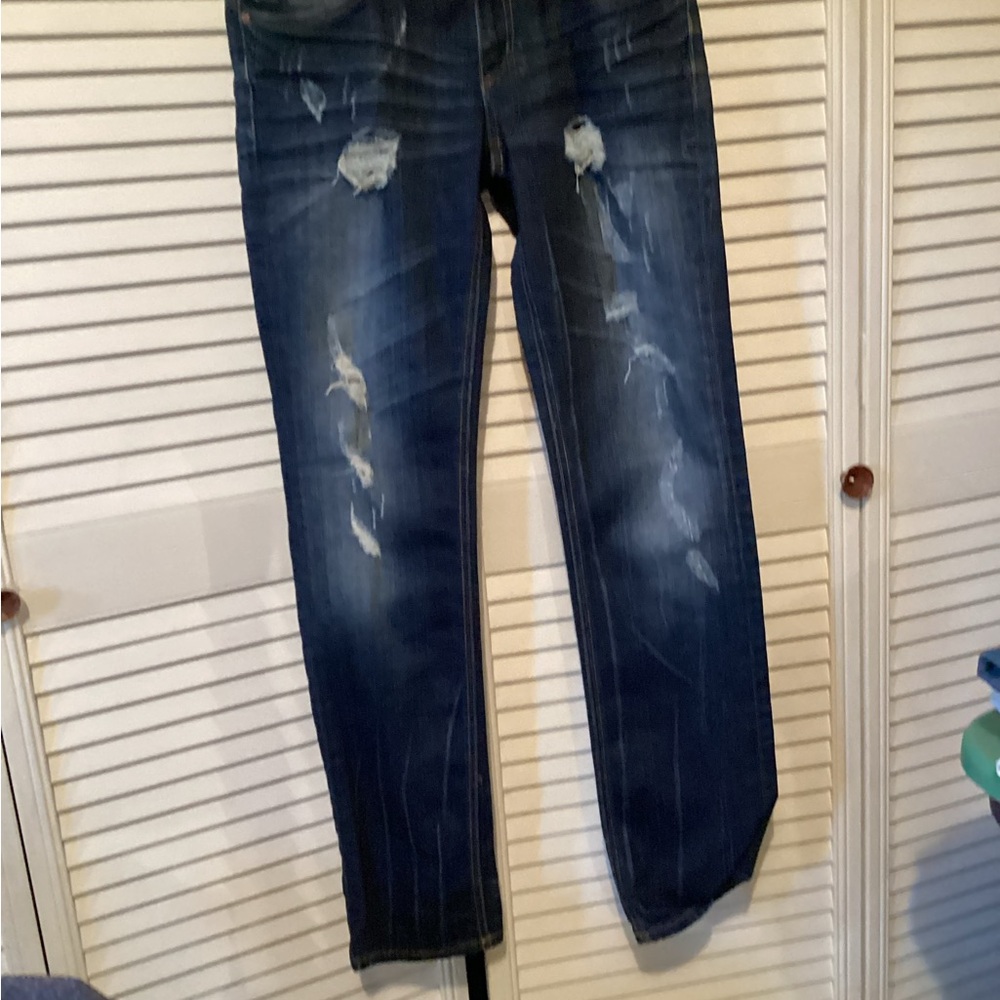Seven7 ladies slim straight distressed blue jeans with embellishments, size 29